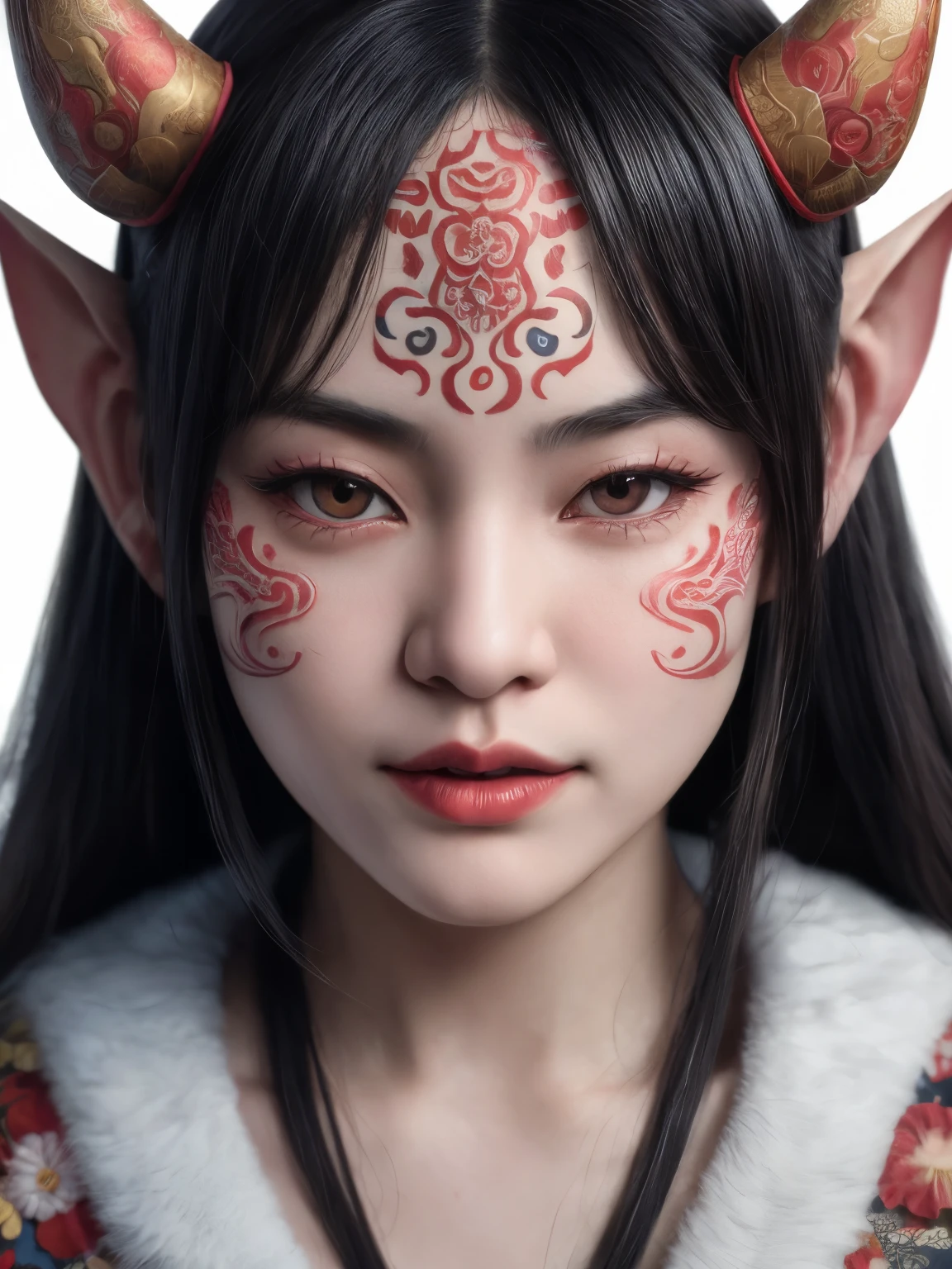 Hyper-realistic portrait of a Japanese girl wearing a Hannya mask, intricate and detailed design, close-up, shallow depth of field, dramatic lighting, high resolution, accurate representation, unique, creative, well-lit, clear details, Canon EOS R5, 100mm lens, f/1.8, powerful, elegant, sophisticated, well-composed, unique pose, traditional, cultural