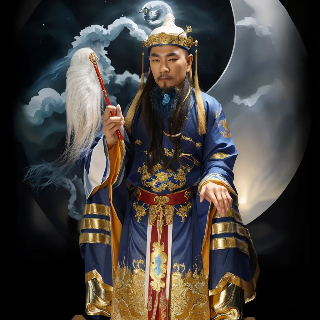 身穿蓝色和金色长袍的道士, 阴阳太极背景, 手持白马尾拂尘 , 中国古代的金帽, 