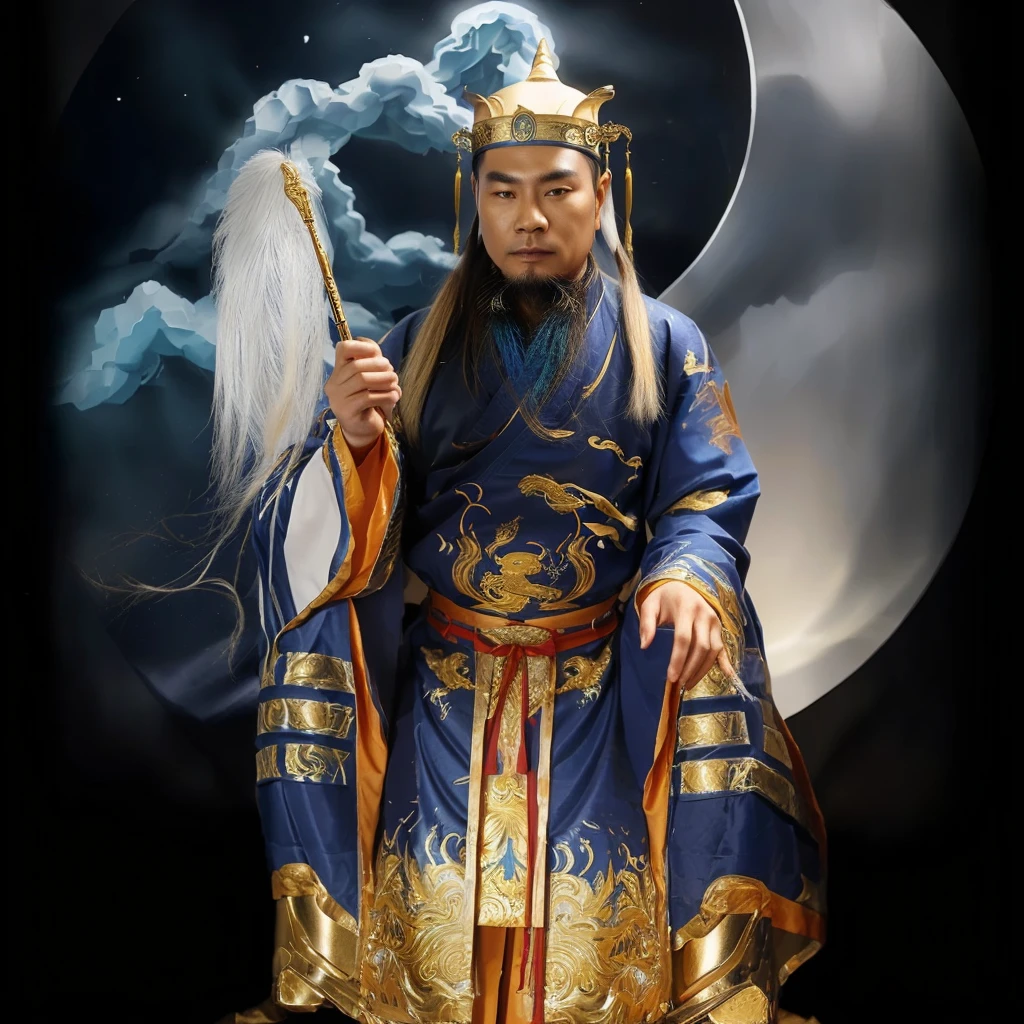 身穿蓝金道袍的道士, 阴阳太极背景, 手持白马尾拂尘 , 古代中国金帽子, 