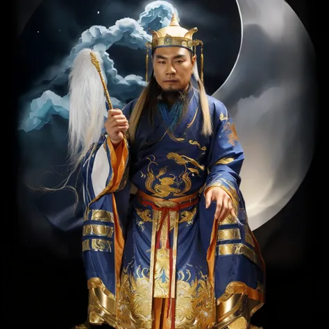 taoist priest with blue and gold robe, yin yang taiji background, holding white horse tail whisk , ancient Chinese gold hat, 