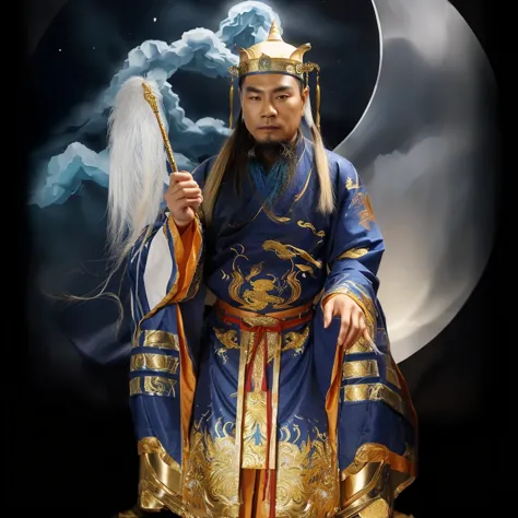 taoist priest with blue and gold robe, yin yang taiji background, holding white horse tail whisk , ancient chinese gold hat,