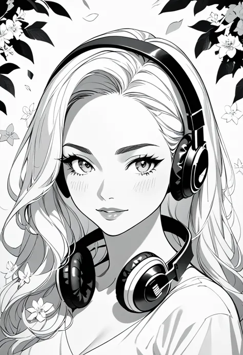 masterpiece, top-class, i'm wearing headphones, female , alone, bust close-up, flower line art background, white background, mon...