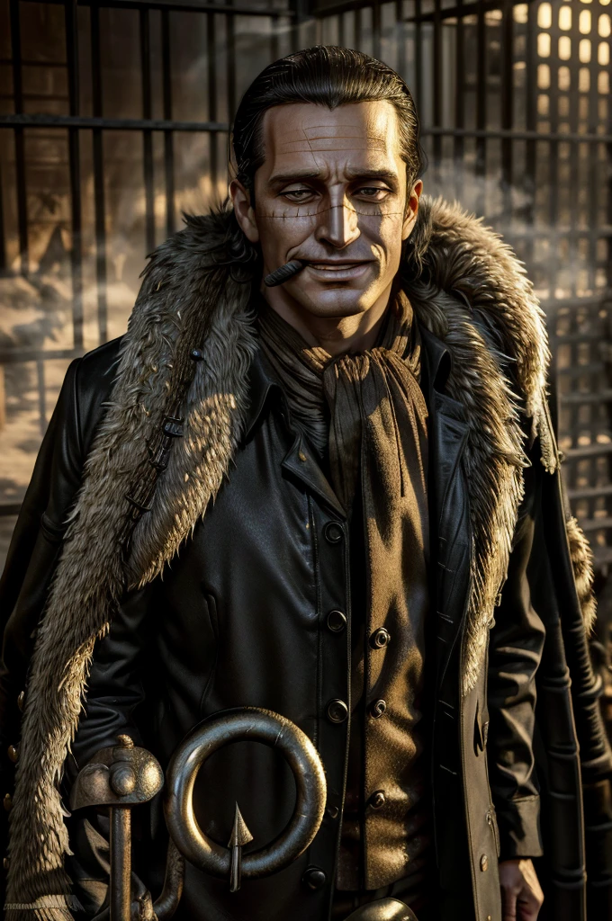 masterpiece, best quality, extremely detailed, hyperrealistic, photorealistic, a cool 40s man, ultra detailed face:1.2, fur-trimmed coat, scarf around the neck, his left hand is a golden pirate hook:1.1, cigar, smoke, sly smile, underground prison, outside of prison, dynamic angle