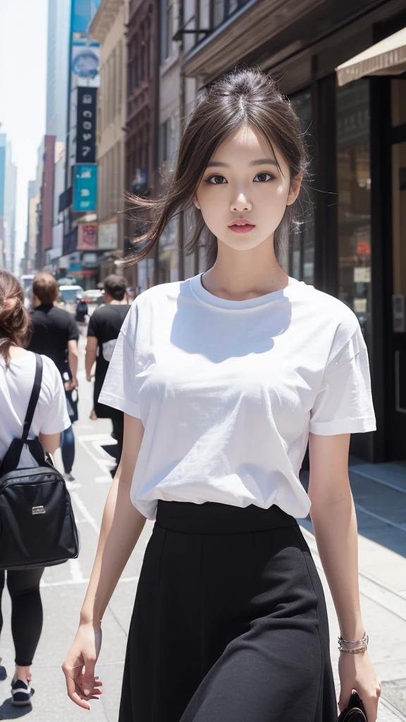 Bright outdoors、Walking around the city、((masterpiece))、((Highest quality))、picture、Reality、high resolution、Advanced Depth of Field、Ultra-detailed、Realistic lighting、((A tight white T-shirt with New York on it)),Black Skirt))、((It&#39;s close so it&#39;s close、Right in front of you))、Married women、20th Generation、Delicate facial features、Long wave brown hair、ponytail、Realistic background and accessories、Big ample breasts、valley、Plump body、Sexy smile、Serious gaze、from the front,Pink Skirt,Pink sexy panties,The wind is blowing、Hair blowing in the wind