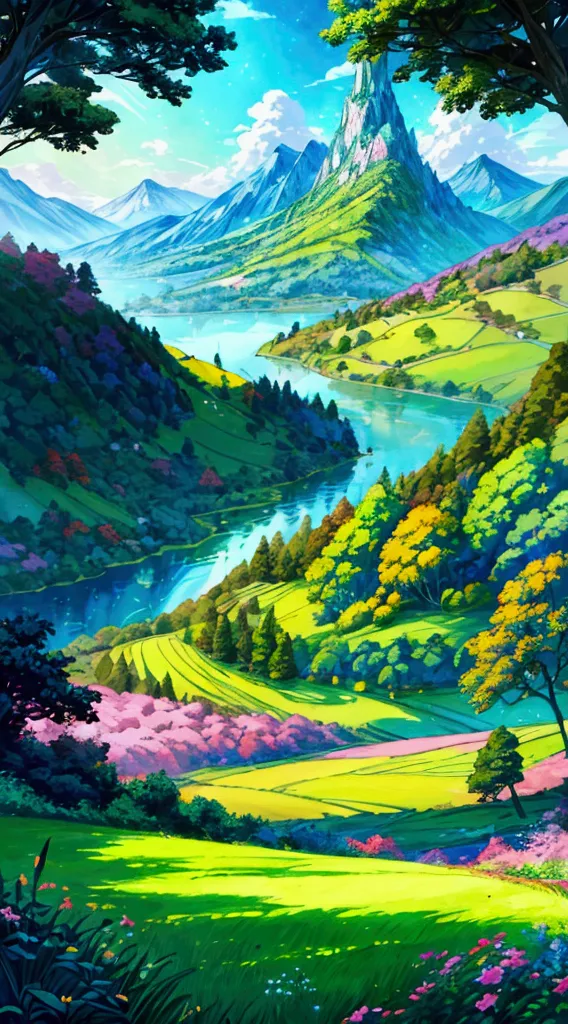 (masterpiece), anime style landscape, (colorful), vibrant colors, rolling hills, lush green forests, majestic mountains, serene ...