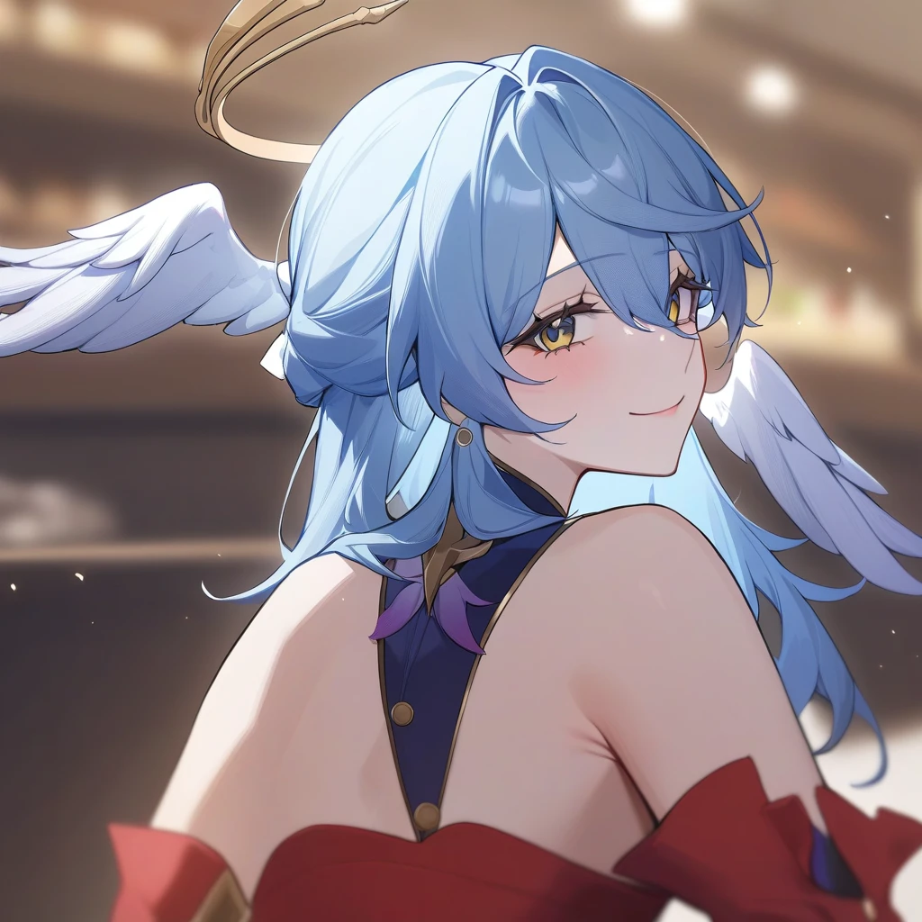 masterpiece,best quality,robin_(honkai:_star_rail), head_wings, angel, virtual_youtuber, 1girl, white_wings, looking_at_viewer, halo, wings, upper_body, solo, from_side, blurry_background, closed_mouth, dress, bare_shoulders, smile,얼굴이 빨개지는 , 한쪽 다리를 위로,다리 잡고