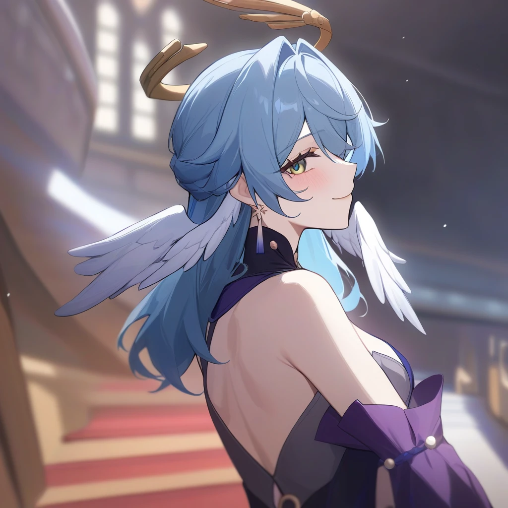 masterpiece,best quality,robin_(honkai:_star_rail), head_wings, angel, virtual_youtuber, 1girl, white_wings, looking_at_viewer, halo, wings, upper_body, solo, from_side, blurry_background, closed_mouth, dress, bare_shoulders, smile,얼굴이 빨개지는 , 한쪽 다리를 위로,다리 잡고