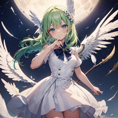 (((archangel)))　((fluffy feathers　smile　big feather　has a bow))，((white dove　big full moon))，(end of the galaxy　shooting star　sa...