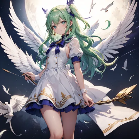 (((archangel)))　((fluffy feathers　smile　big feather　has a bow))，((white dove　big full moon))，(end of the galaxy　shooting star　sa...