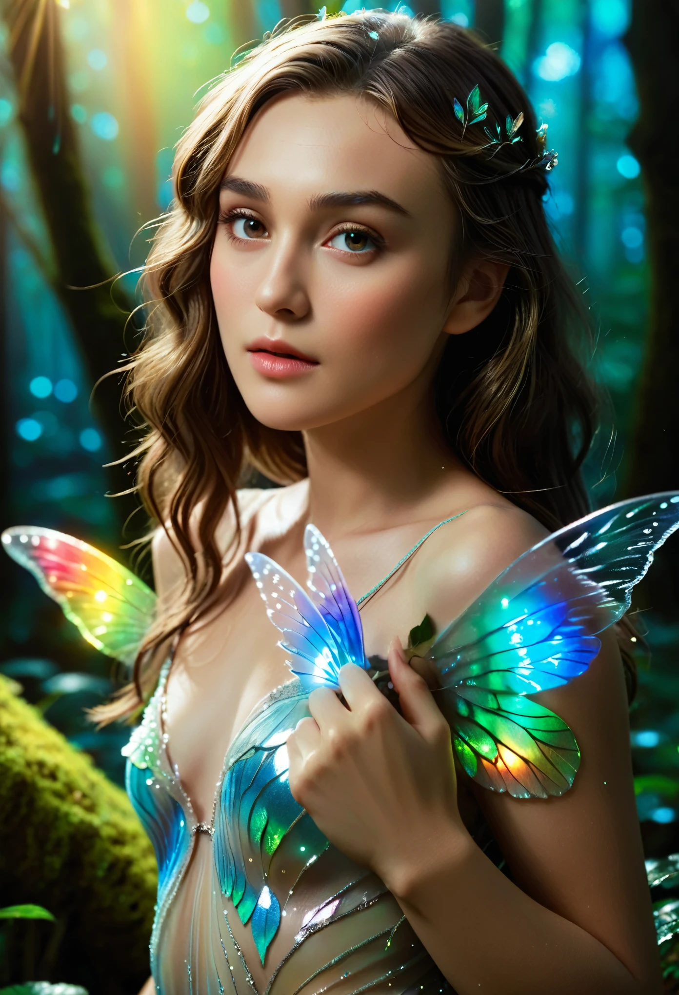 Keira Knightley as a Fairy,(Very detailed:1.2),(Highest quality:1.2),(8k:1.2),Sharp focus,(Scattered beneath the surface:1.1),Award-winning photo,Professional portrait photography,(Close-up shot:1.1) (A glowing bioluminescent forest:1.2),Rainbow fairy wings,Sensual look (Very detailed background:1.2),(Magical fantasy:1.0), (Knolling Case:1.1),(Analog Style:1.1),(Model shooting style:1.2),Dramatic lighting