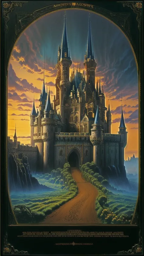 arafed image of a castle with a horse and carriage on a path, ralph bakshi, movie screen shot, still from a fantasy movie, anima...