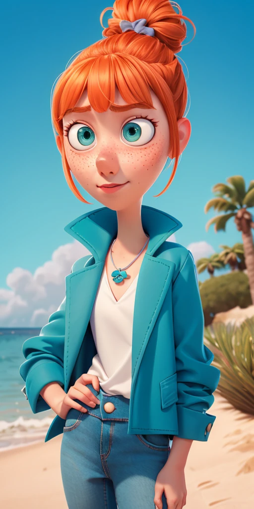 1girl, Orange hair in a bun, green eyes, slight smirk, freckles on cheeks, thin eyebrows, white necklace with a bow, teal jacket, pale skin, standing, cartoon, (pixar:1.2), Lucy Wilde, ocean, sand, palms, long nose, bangs, jeans