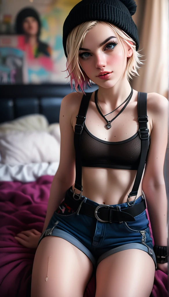 a pale-skinned, exquisitely beautiful punk Dutch girl, 21 years old, wearing a harness and beanie, with a perfect face, alluring eyes, and subtle, seductive makeup, in an indoor setting with a messy bedroom, bokeh effect, sharp focus, dappled lighting, backlighting, and film grain, photographed on a Sony A7R IV with an 18mm F/1.7 cine lens, highly detailed and intricately detailed, in 8K HDR, seductively posing in a front view with upper body focus