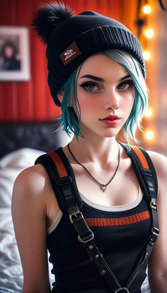 a pale-skinned, exquisitely beautiful punk Dutch girl, 21 years old, wearing a harness and beanie, with a perfect face, alluring eyes, and subtle, seductive makeup, in an indoor setting with a messy bedroom, bokeh effect, sharp focus, dappled lighting, backlighting, and film grain, photographed on a Sony A7R IV with an 18mm F/1.7 cine lens, highly detailed and intricately detailed, in 8K HDR, seductively posing in a front view with upper body focus