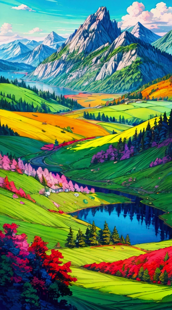 (masterpiece), anime style landscape, (colorful), vibrant colors, rolling hills, majestic mountains, serene lake, detailed foliage, dramatic lighting, cinematic composition, digital art, intricate details, highly detailed