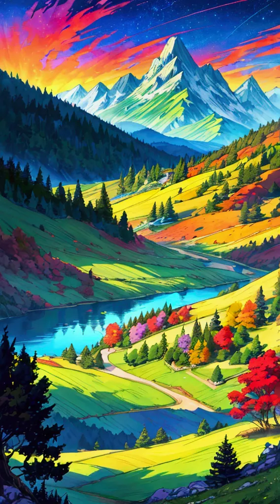 (masterpiece), anime style landscape, (colorful), vibrant colors, rolling hills, majestic mountains, serene lake, detailed folia...