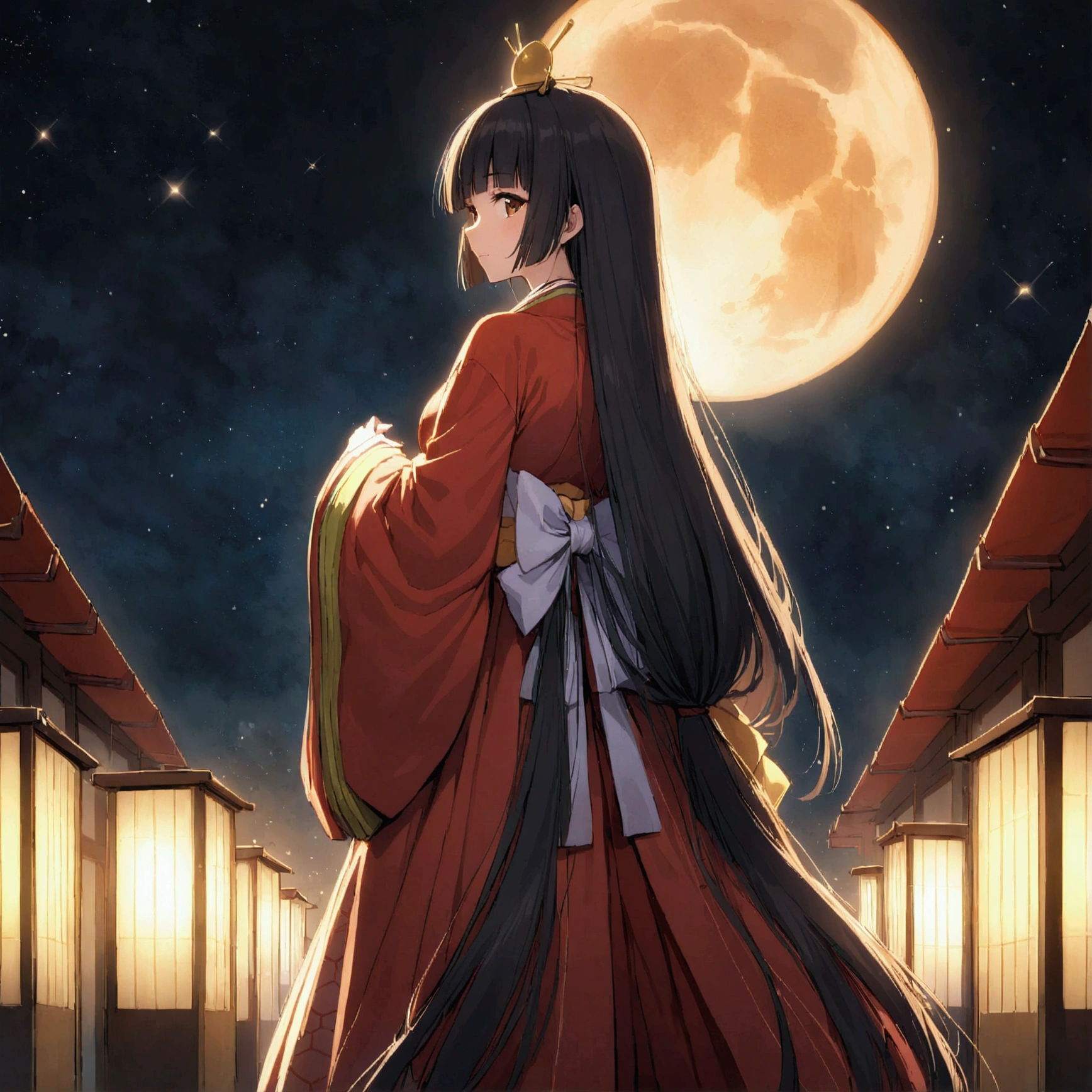 The World of Kaguyahime, hinamatsuri ohinasama, (heian red:1.1) japanese clothes, wide sleeves, red (karaginumo:1.1), layered kimono, 1girl solo, black hair (hime cut:1.2) very long hair spread out, she sees (full moon:1.1), (beautiful standing back view), (beautiful bamboo grove:1.1), wide shot, cinematic lighting, beautifully lit, starry sky, light particles,