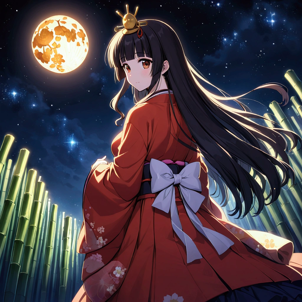 The World of Kaguyahime, hinamatsuri ohinasama, (heian red:1.1) japanese clothes, wide sleeves, red (karaginumo:1.1), layered kimono, 1girl solo, black hair (hime cut:1.2) very long hair spread out, she sees (full moon:1.1), (beautiful standing back view), (beautiful bamboo grove:1.1), wide shot, cinematic lighting, beautifully lit, starry sky, light particles,