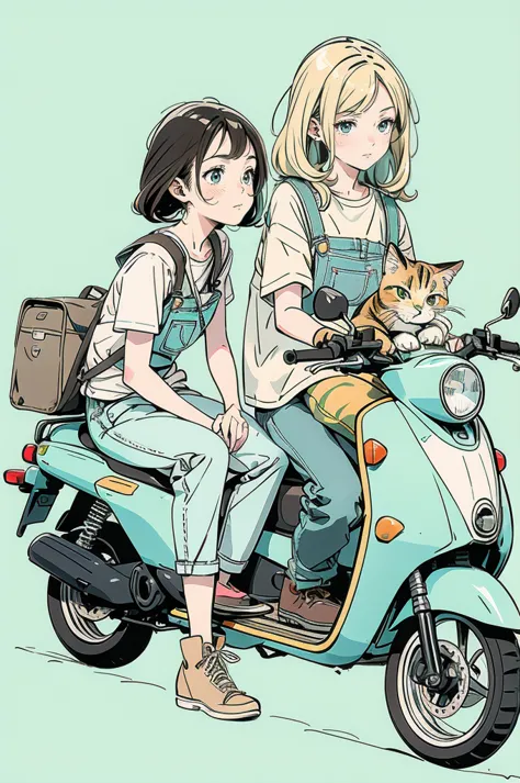 a beautiful anime-style illustration. a brown striped cat is sleeping on the seat of a pale blue scooter. a blonde woman is crou...