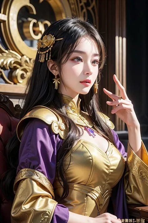 Close-up of a woman in a gold and purple dress, Chengwei Pan at Art Station, Jan J, Detailed fantasy art, Amazing character art,...