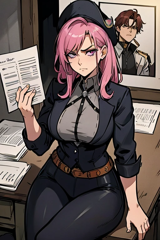 Perfect face. Perfect hands. A handsome pink haired cowgirl with violet eyes and an hourglass figure in a sheriff's outfit is sitting at the sheriff's office with an annoyed look and pile of paperwork