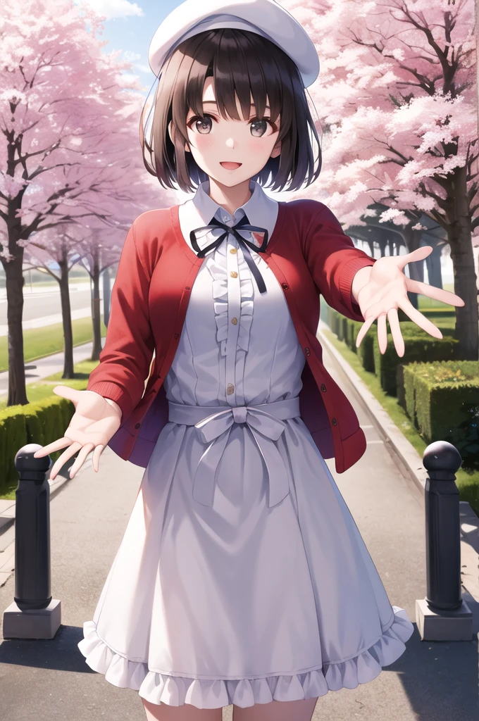 masterpiece, Highest quality, High resolution, Amegumi, short hair, beret, White Hat, Neck ribbon, Frills, White Dress, Red cardigan, Open clothes, Long sleeve, White ribbon, street, petal, cherry blossoms, Reaching out, smile, Open your mouth, Are standing, Cowboy Shot,