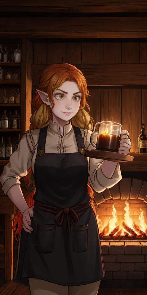 Concept: A medieval fantasy bar scene with a confident female innkeeper. Setting: Style: Medieval fantasy tavern Lighting: Warm,...