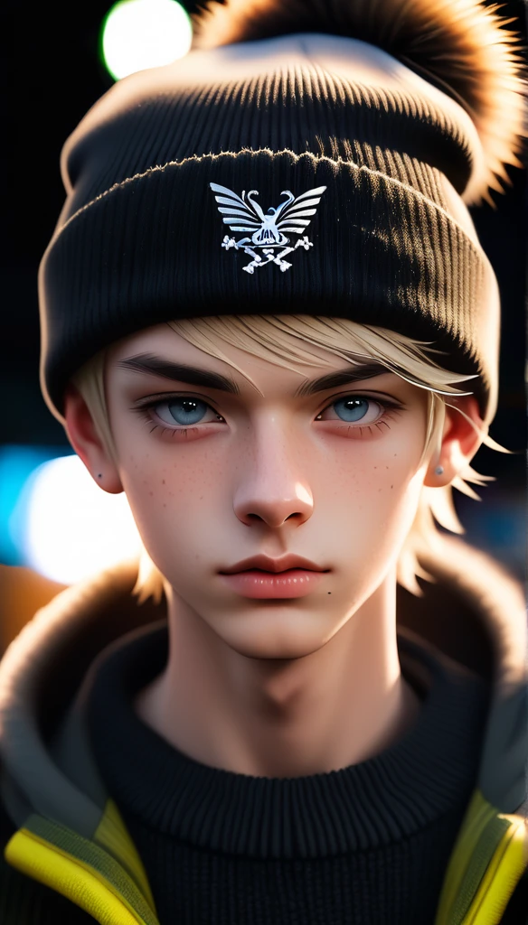 Meticulous, analog style, focus on the eyes, highest quality, (highly detailed skin), photo of very handsome pale skin Dutch punk boy, 21 years old, (wearing beanie), perfect face, pore skin, (penetration:0.5), black background, (bokeh:0.6), sharp focus, grainy lighting, (backlight:0.7), film grain, photographed with Sony A7R IV camera, 18mm F/1.7 cine lens, (highly detailed, intricate detail), 8k, HDR, front view, (upper body: 0.9)