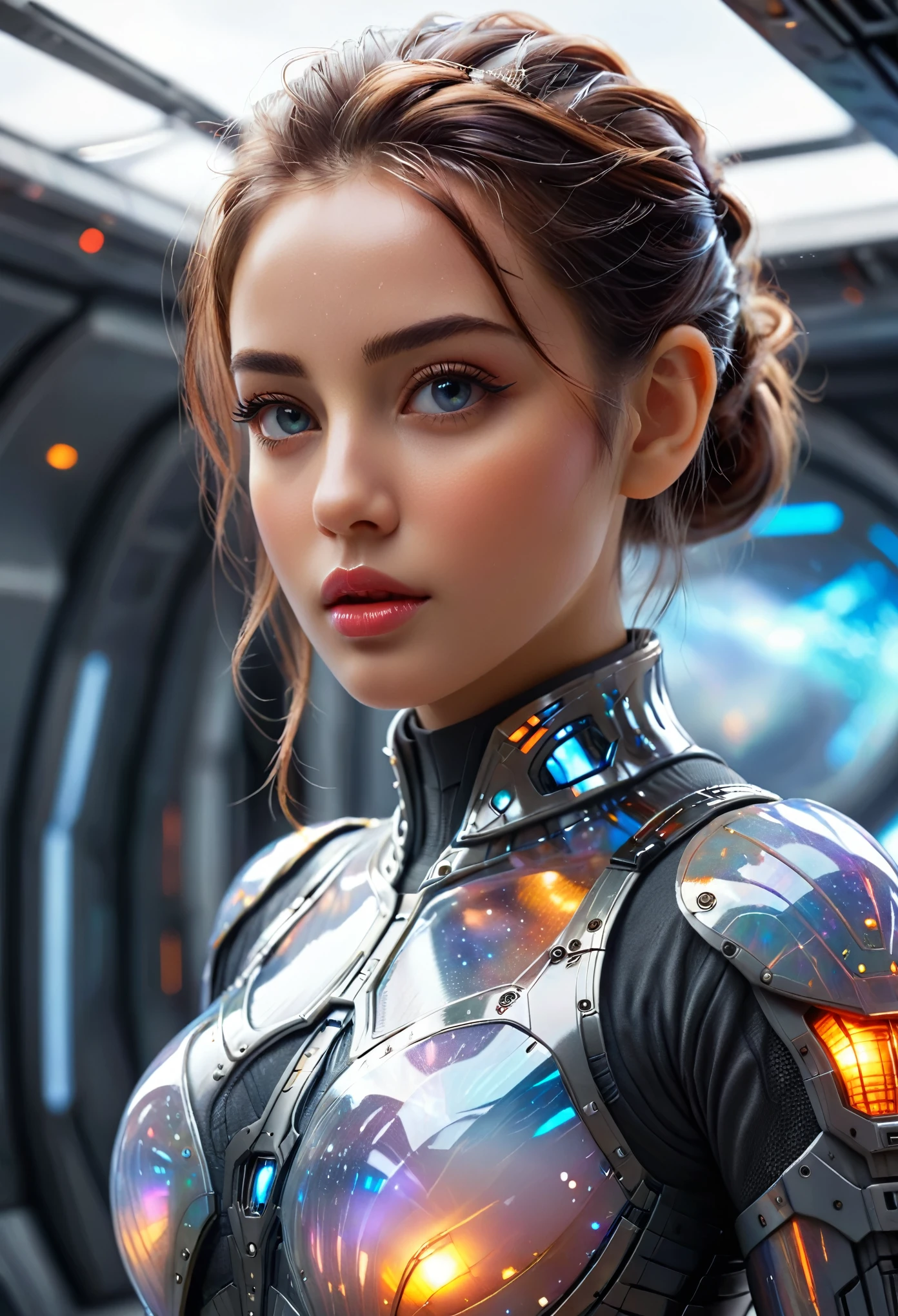 (best quality,4k,highres,masterpiece:1.2),ultra-detailed,(realistic,photorealistic:1.37), 1girl, (sci-fi futuristic transparent armor:1.4), sexy, expressive, ral-opal, on a spaceship, cameltoe, beautiful detailed eyes, beautiful detailed lips, extremely detailed face and eyes, long eyelashes, hkstyle, hair updo, , HDR, UHD, studio lighting, ultra-fine painting, sharp focus, physically-based rendering, extreme detail description, professional, vivid colors, bokeh, sci-fi, concept art