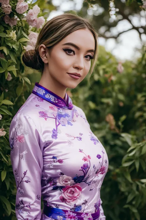 (photograph of Sydney, in silk qipao), (looking at viewer), photorealistic, seductive, face and body focus, instagram selfie