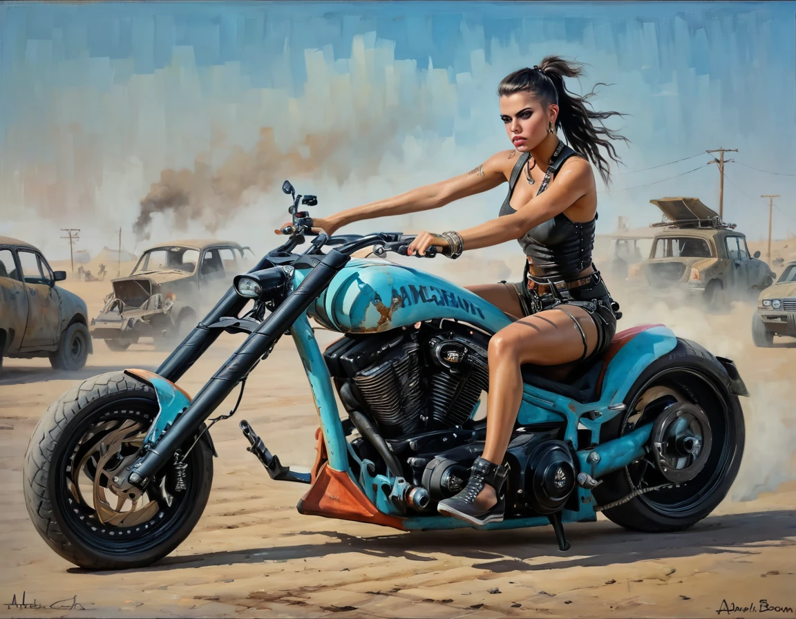 Mad Max post-apocalyptic punk Motorcycle, Adriana Chechik in sneakers, master of painting in the style of Gerald Brom, oil on canvas