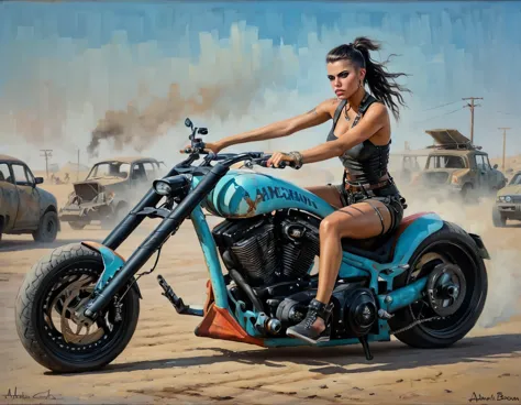 Mad Max post-apocalyptic punk Motorcycle, Adriana Chechik in sneakers, master of painting in the style of Gerald Brom, oil on ca...