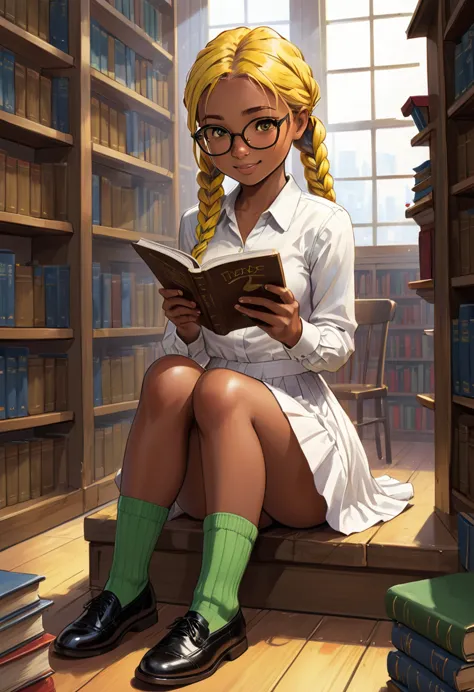 nerd, skinny, black skin, teeny ebony girl, yellow hair, twin braids, brown eyes, , big pert ass, big glasses, white dress shirt...