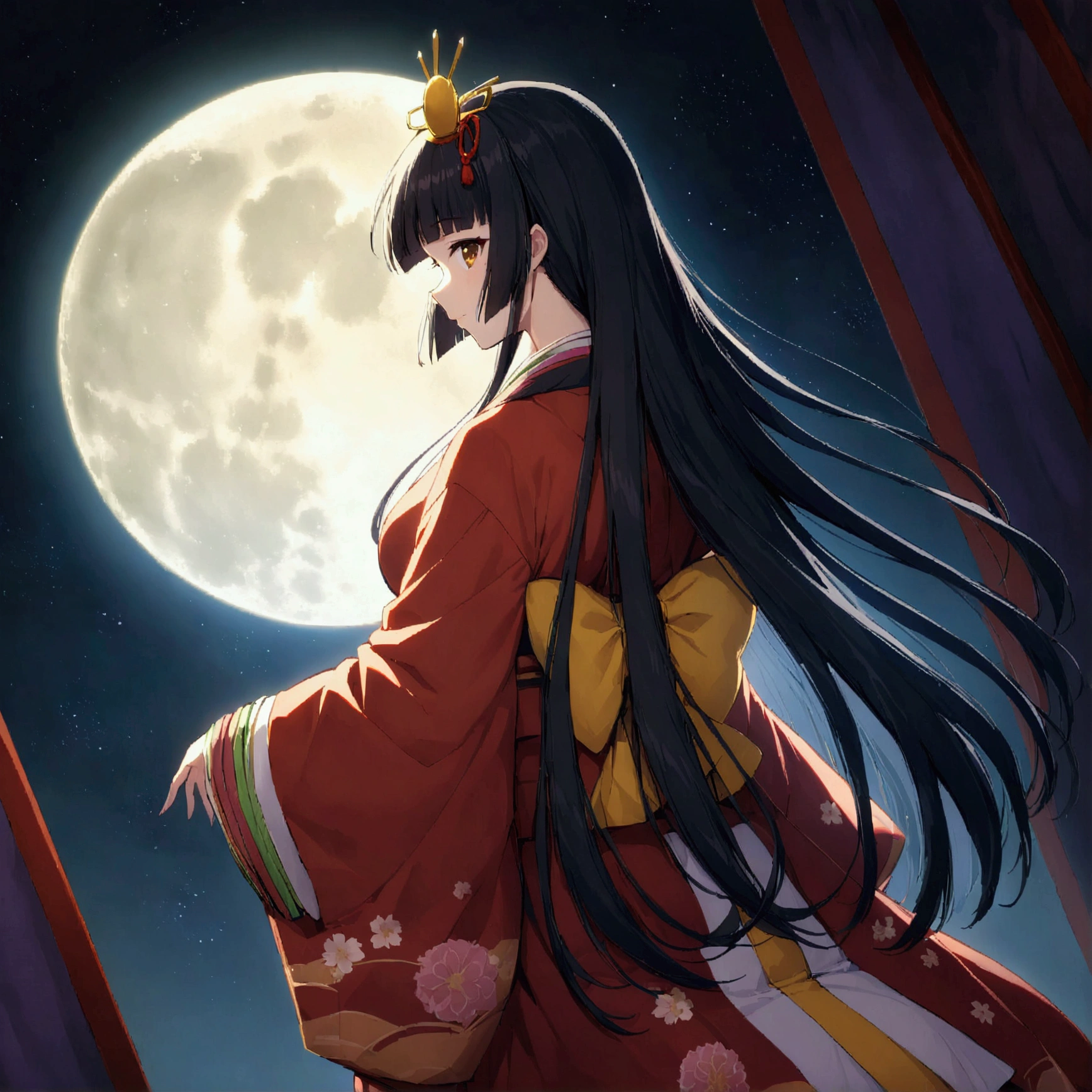 El mundo de Kaguyahime, hinamatsuri ohinasama, (heian Rojo:1.1) ropa japonesa, mangas anchas, Rojo (karaginumo:1.1), layeRojo kimono, 1girl solo, pelo negro (corte de hime:1.2) pelo muy largo extendido, (ella ve luna llena:1.3), (hermosa vista trasera de pie), plano general, iluminación cinematográfica, bellamente iluminado, cielo estrellado, Partículas de luz, desde atrás, hermosos bambúes,