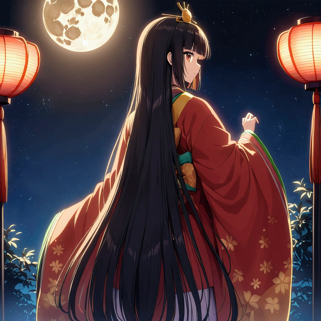 El mundo de Kaguyahime, hinamatsuri ohinasama, (heian Rojo:1.1) ropa japonesa, mangas anchas, Rojo (karaginumo:1.1), layeRojo kimono, 1girl solo, pelo negro (corte de hime:1.2) pelo muy largo extendido, (ella ve luna llena:1.3), (hermosa vista trasera de pie), plano general, iluminación cinematográfica, bellamente iluminado, cielo estrellado, Partículas de luz, desde atrás, hermosos bambúes,