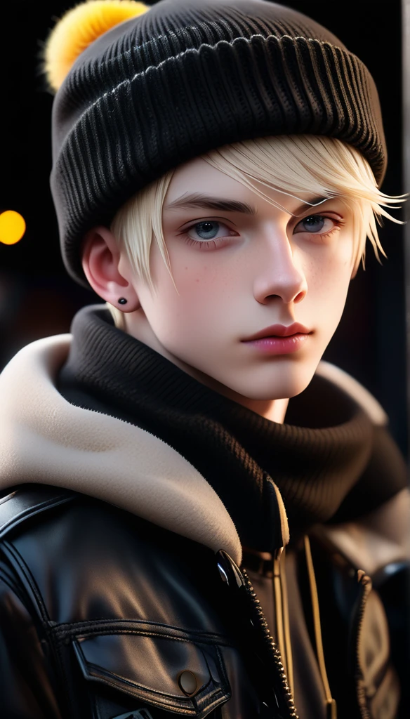 Meticulous, analog style, focus on the eyes, highest quality, (highly detailed skin), photo of very handsome pale skin Dutch punk boy, 21 years old, (wearing beanie), perfect face, pore skin, (penetration:0.5), black background, (bokeh:0.6), sharp focus, grainy lighting, (backlight:0.7), film grain, photographed with Sony A7R IV camera, 18mm F/1.7 cine lens, (highly detailed, intricate detail), 8k, HDR, front view, (upper body: 0.9)