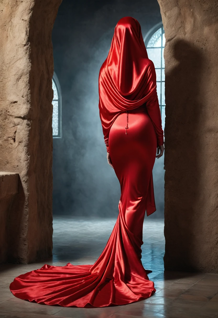 a sexy a woman covered in large red satin cloth, tied tightly with the satin cloth, mummified, the satin hanging down very long, a mermaid style dress, wearing a satin hijab, the satin cloth is very long, forming the curve of the body, wide and dramatic fabric tail , full body pose, masterpice, 4k resolution, ultra-realistic, highly detail.