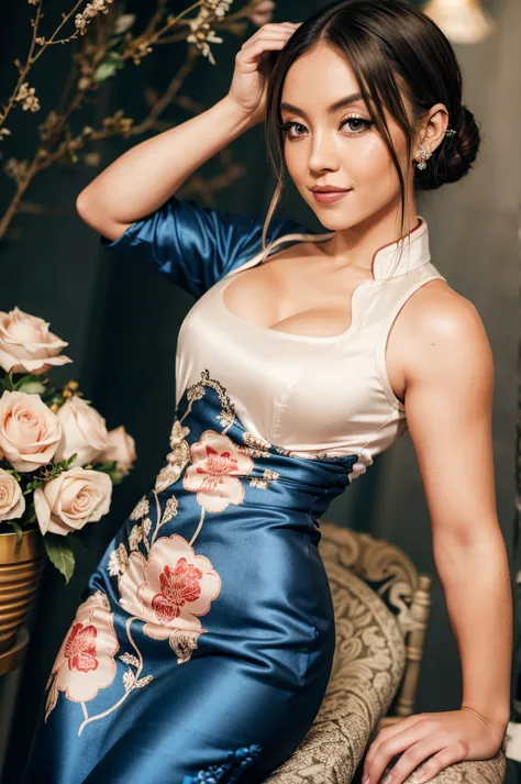 (photograph of sydney, in silk qipao),seductive , photorealistic, seductive,  sexy pose