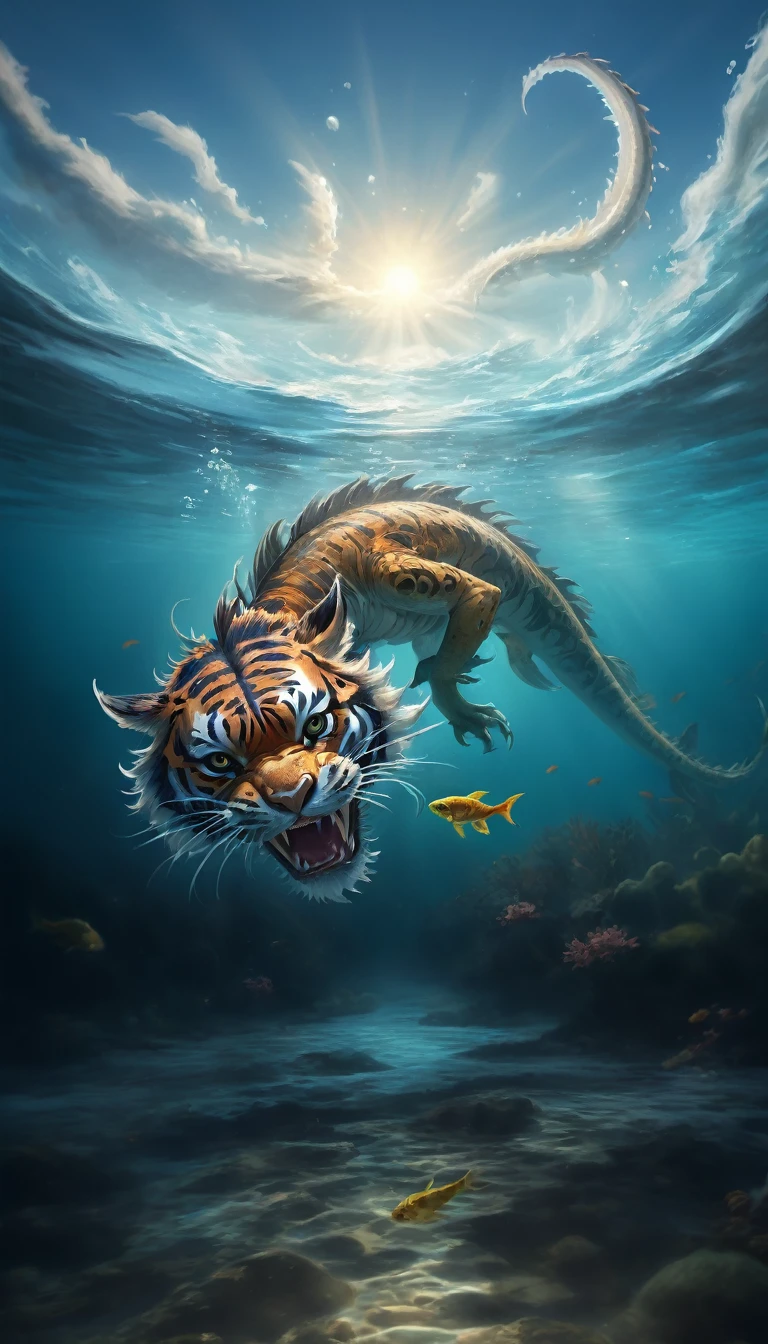 The painting shows a tiger and a fish swimming in the sea, Tiger crab creature, Aquatic organisms, Underwater sea monster, underwater Sea Dragon, Water Dragon, sea snake, Amazing depth, Realistic fantasy illustrations, shrike, Amazing wallpapers, Highly detailed digital painting, The numbers are very detailed, Sea Dragon, river otter dragon, Chinese dragon concept art, 3D Epic Illustrations