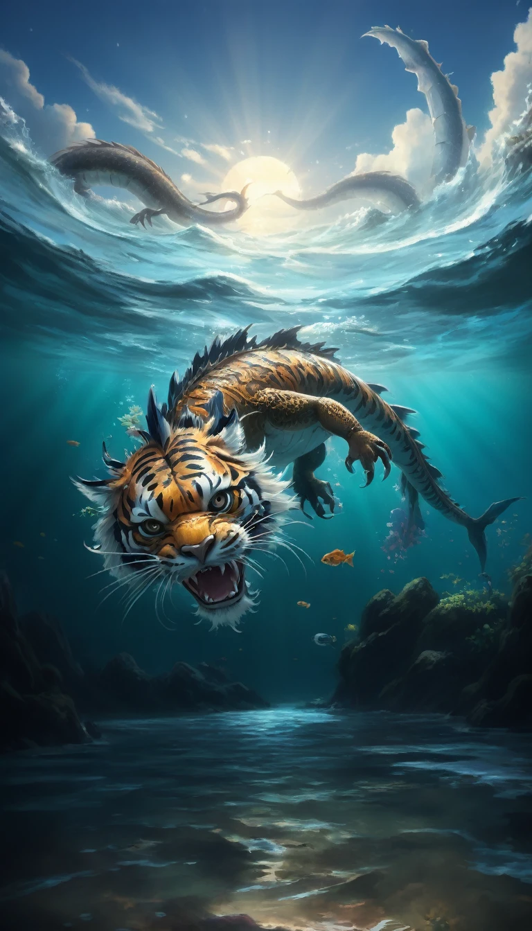 The painting shows a tiger and a fish swimming in the sea, Tiger crab creature, Aquatic organisms, Underwater sea monster, underwater Sea Dragon, Water Dragon, sea snake, Amazing depth, Realistic fantasy illustrations, shrike, Amazing wallpapers, Highly detailed digital painting, The numbers are very detailed, Sea Dragon, river otter dragon, Chinese dragon concept art, 3D Epic Illustrations