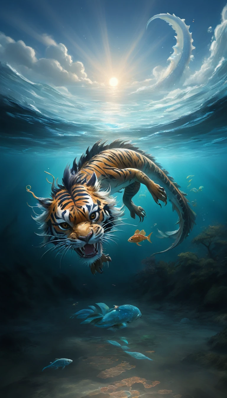 The painting shows a tiger and a fish swimming in the sea, Tiger crab creature, Aquatic organisms, Underwater sea monster, underwater Sea Dragon, Water Dragon, sea snake, Amazing depth, Realistic fantasy illustrations, shrike, Amazing wallpapers, Highly detailed digital painting, The numbers are very detailed, Sea Dragon, river otter dragon, Chinese dragon concept art, 3D Epic Illustrations