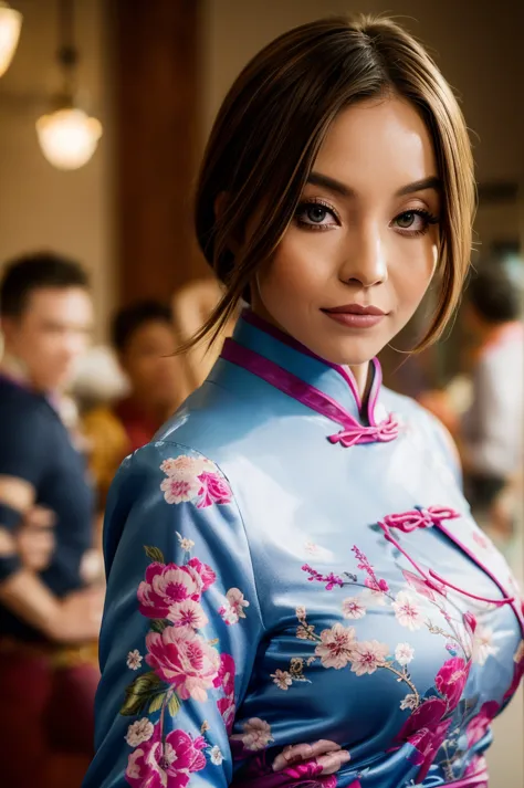 (photograph of Sydney, in silk qipao), (looking at viewer), photorealistic, seductive, face and body focus, instagram selfie