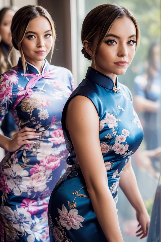 (photograph of Sydney, in silk qipao), (looking at viewer), photorealistic, seductive, face and body focus, instagram selfie