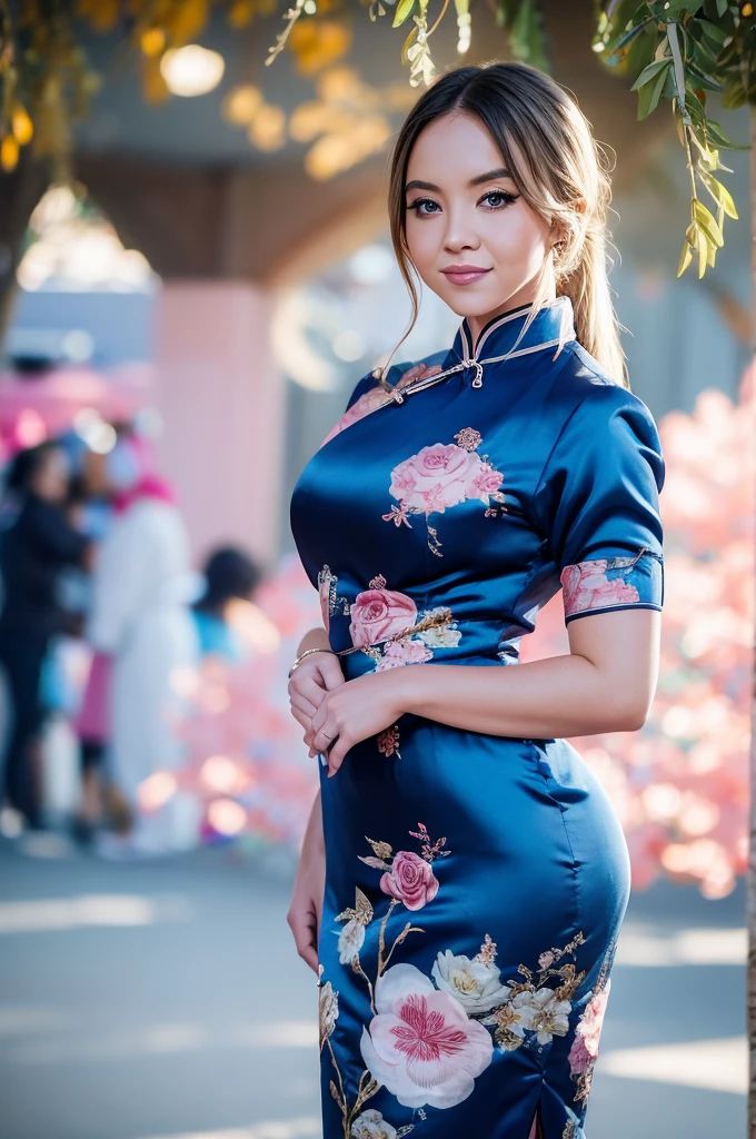 (photograph of Sydney, in silk qipao), (looking at viewer), photorealistic, seductive, face and body focus, instagram selfie