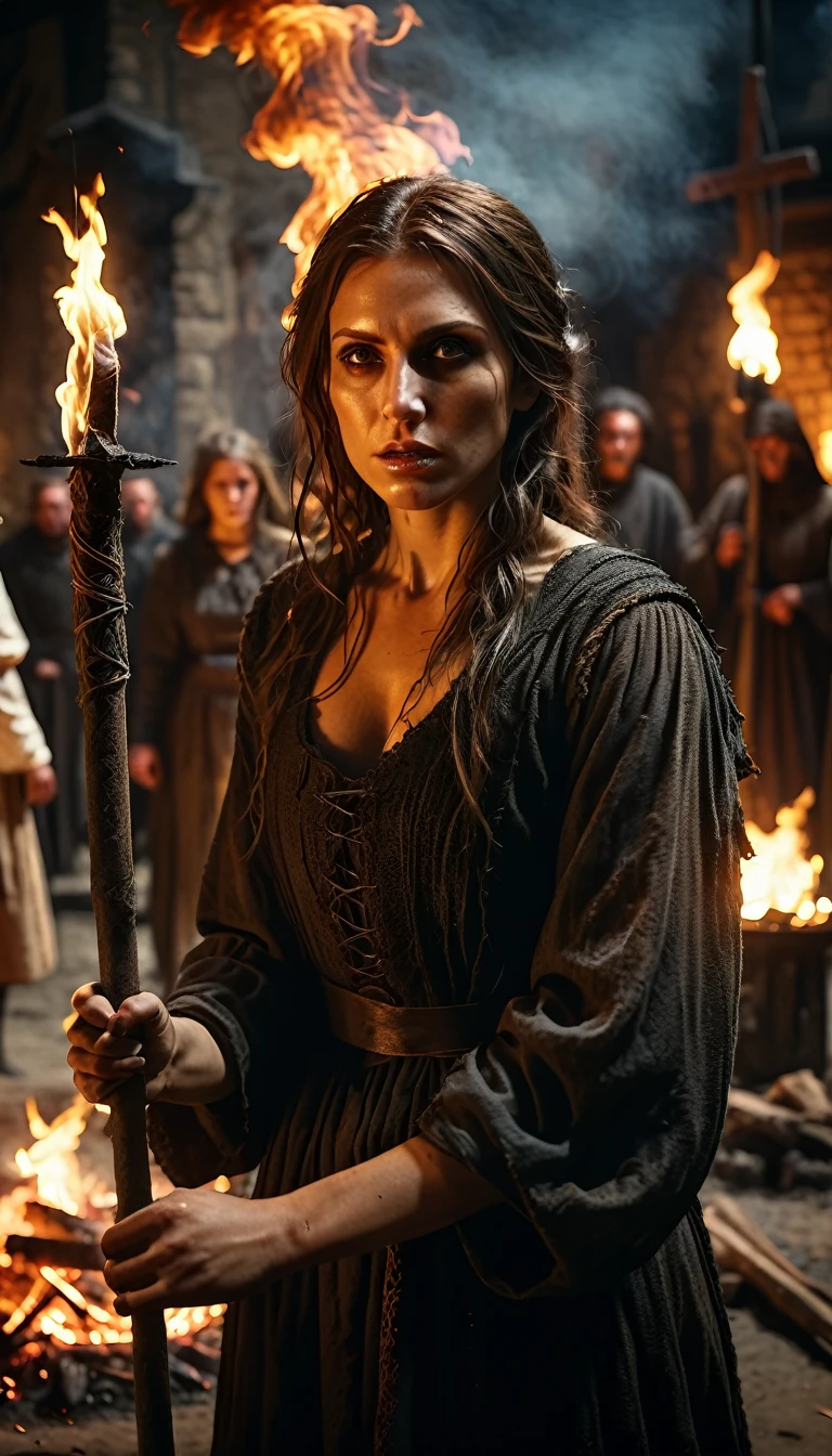 Woman accused of witchcraft being burned at the stake, guilty of bringing the plague upon the city, cinematic background, hyperrealisti, ultra detailed hyperrealisti, photorrealistic, studio lighting, Reflections, dynamic pose, cinematic, Historical accuracy, color grading, fot, Shot with a 50mm lens, ultra-wide angle, Depth of field, 超detailded, beautifully color-graded, 8k