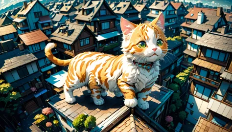 (big cute cat appeared there:1.5), (anime style illustration), best aerial angle, houses look smaller, best quality, (masterpiec...