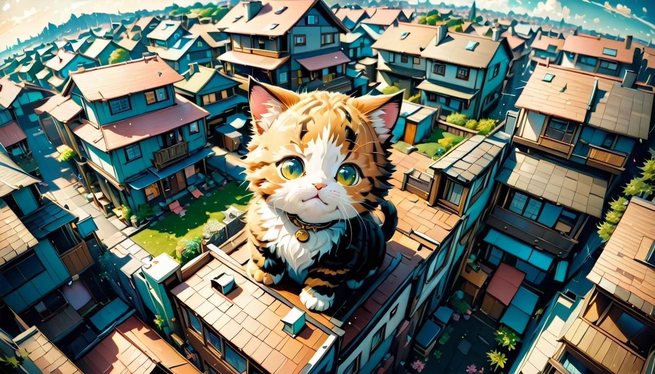 (big cute cat appeared there:1.5), (Anime style illustration), best aerial angle, houses look smaller, best quality, (masterpiece:1.2), hyper detailed, ultra high res, absolutely resolution, 4K, ultra HD, insanely detailed and intricate, high resolution, HDR, beautifully, aesthetic,