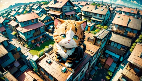 (big cute cat appeared there:1.5), (anime style illustration), best aerial angle, houses look smaller, best quality, (masterpiec...