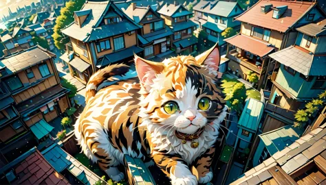 (big cute cat appeared there:1.5), (anime style illustration), best aerial angle, houses look smaller, best quality, (masterpiec...