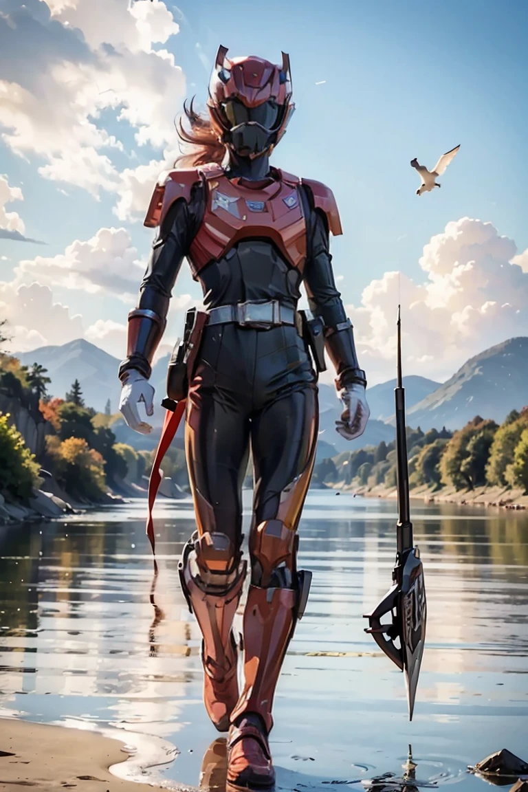 The sunset flies with the lonely geese in the distance, and the autumn river water and the vast sky are connected, icons,1boy, full body, Illustration, cinematic light, high resolution, best quality, ultra detailed, masterpiece, power suit, powerranger, suit, spd, (silver ranger suit), gold detail, shoulder cloak,